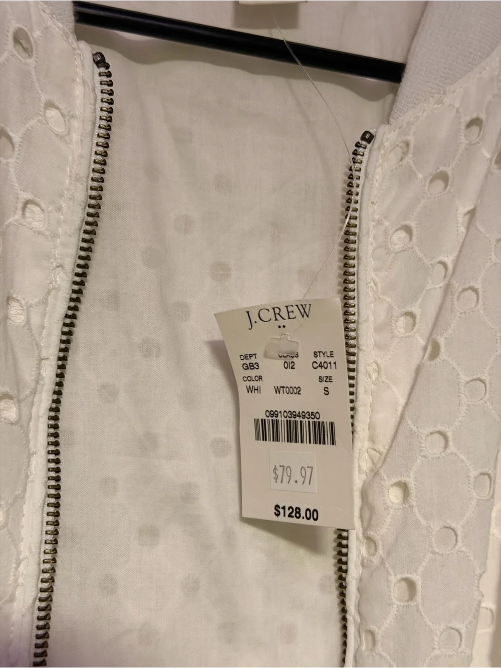 J. Crew White Eyelet Bomber Jacket with Zip Front